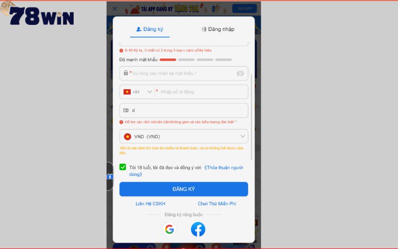 Giao diện đăng ký tài khoản 78Win